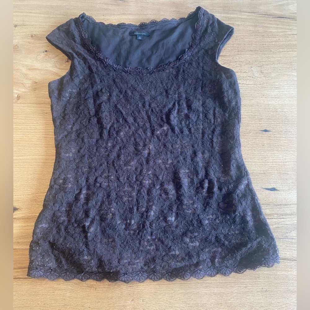 Semantiks Scoop‎ Neck Cap Sleeve Lace Top Black Women’s Preloved